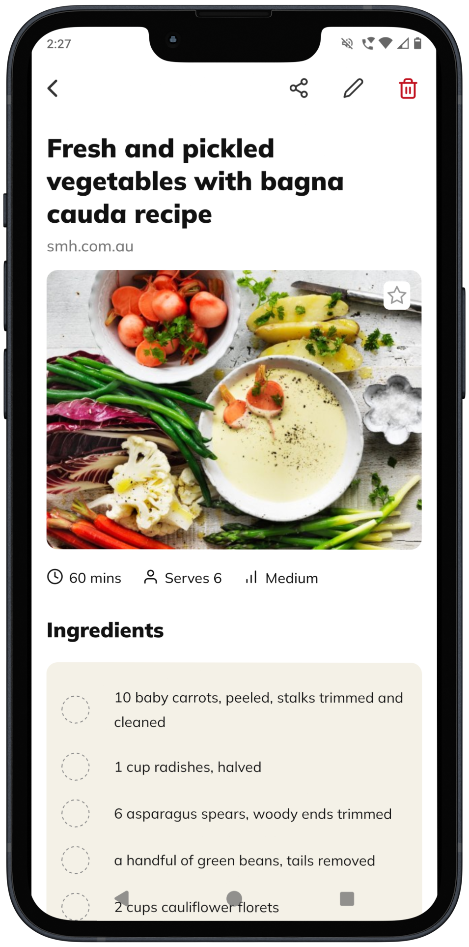 App preview displaying an imported recipe
