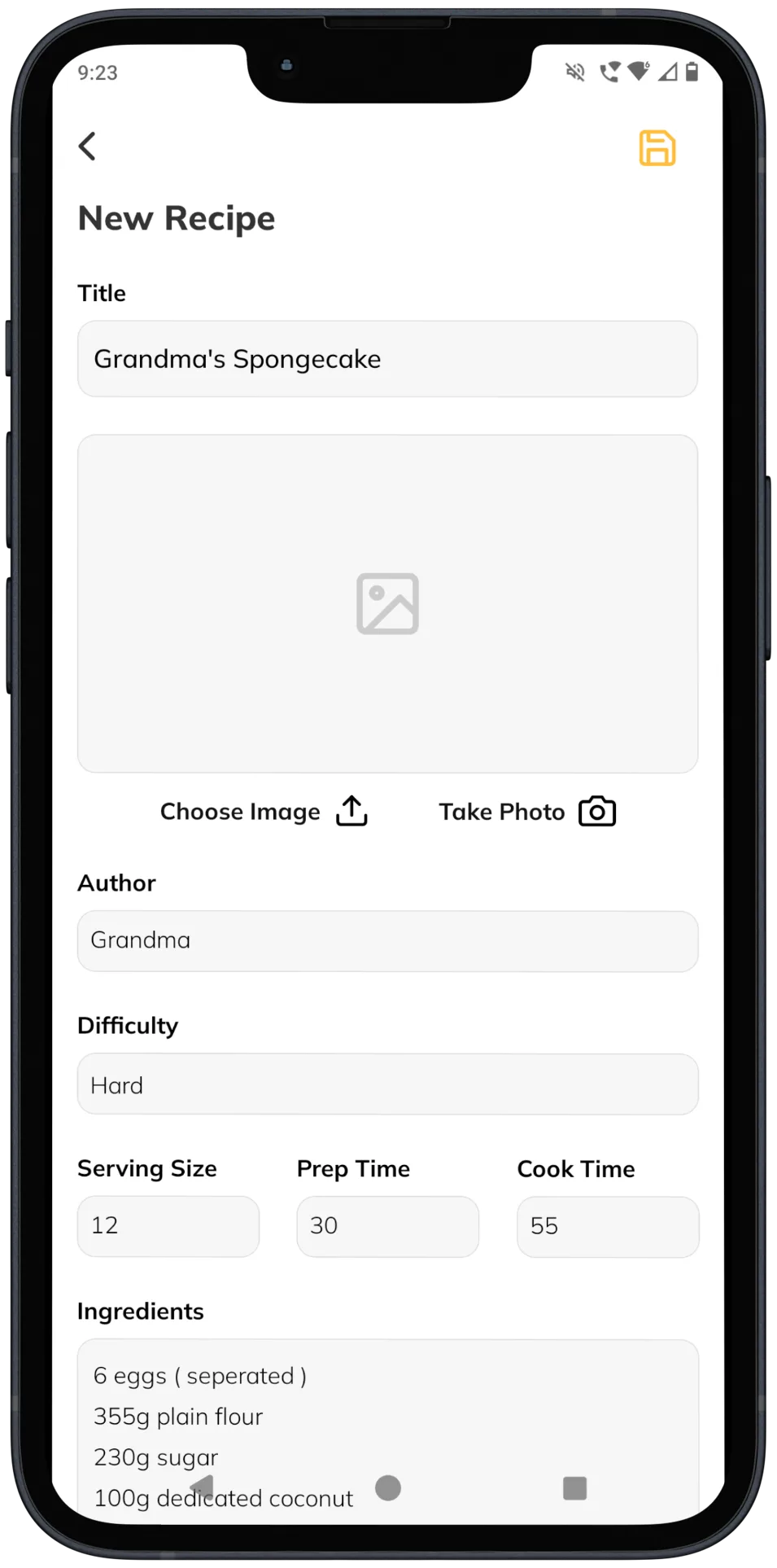 App preview displaying creating a new recipe